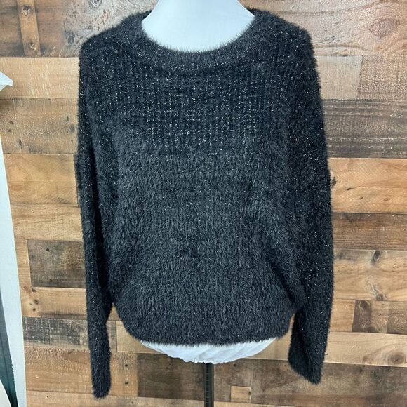FRNCH Sweater Black Silver Threading Eyelash Knit Crew Neck Long Sleeves M/L - Picture 16 of 16